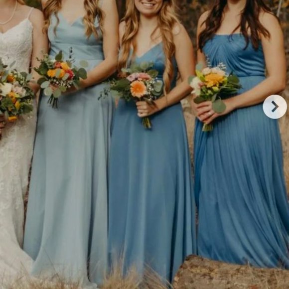 David's Bridal // Steele Blue Spaghetti Strap Satin Top Chiffon Bridesmaid Dress - Picture 1 of 7